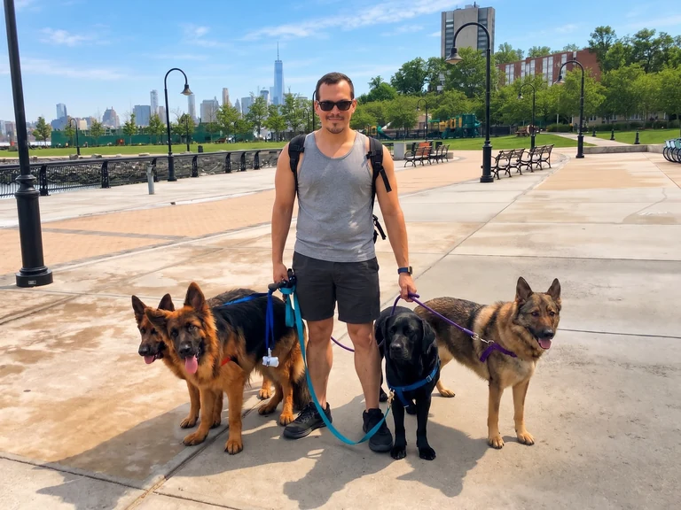 Will with four dogs by the Hudson River on a sunny summer day