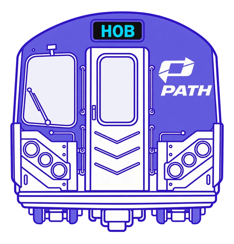 Front-facing PATH train illustration with a purple upper body, white PATH logo, and aqua HOB on a black destination display